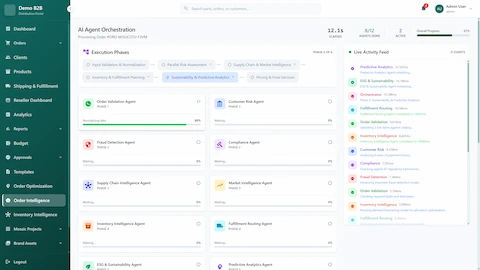 AI Agent Orchestration dashboard with 6-phase execution workflow processing B2B orders through 12 specialized agents including validation, risk assessment, fraud detection, compliance, supply chain, and fulfillment routing with live activity feed showing real-time agent status